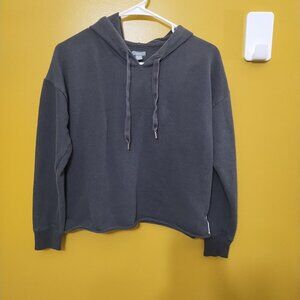 Aerie Boxy Oversized Cropped Pullover Hoodie Black Distressed S Y2K